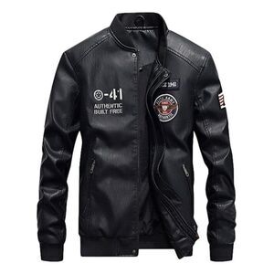 Men's Faux Leather Jacket Casual Baseball Coat, black